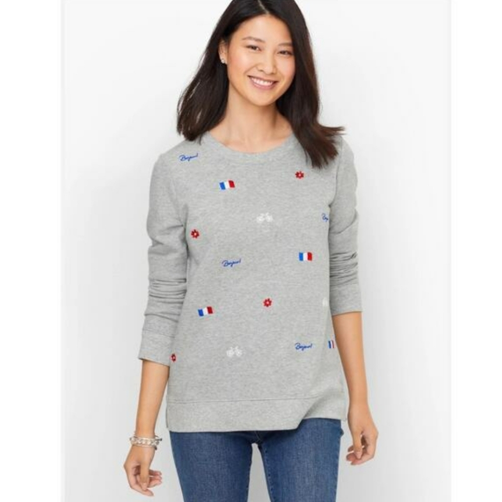 Talbots Embroidered Pullover French Icons Gray Sz XL Bonjour Flag Bicycle Fleece